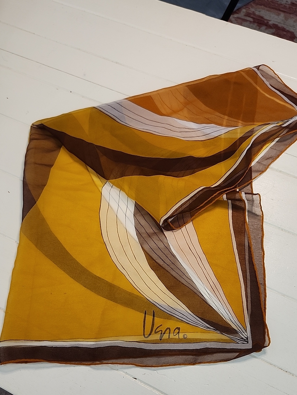 Vintage Vera Neumann Sheer Silk Chiffon Scarf Square Gold Brown Orange White